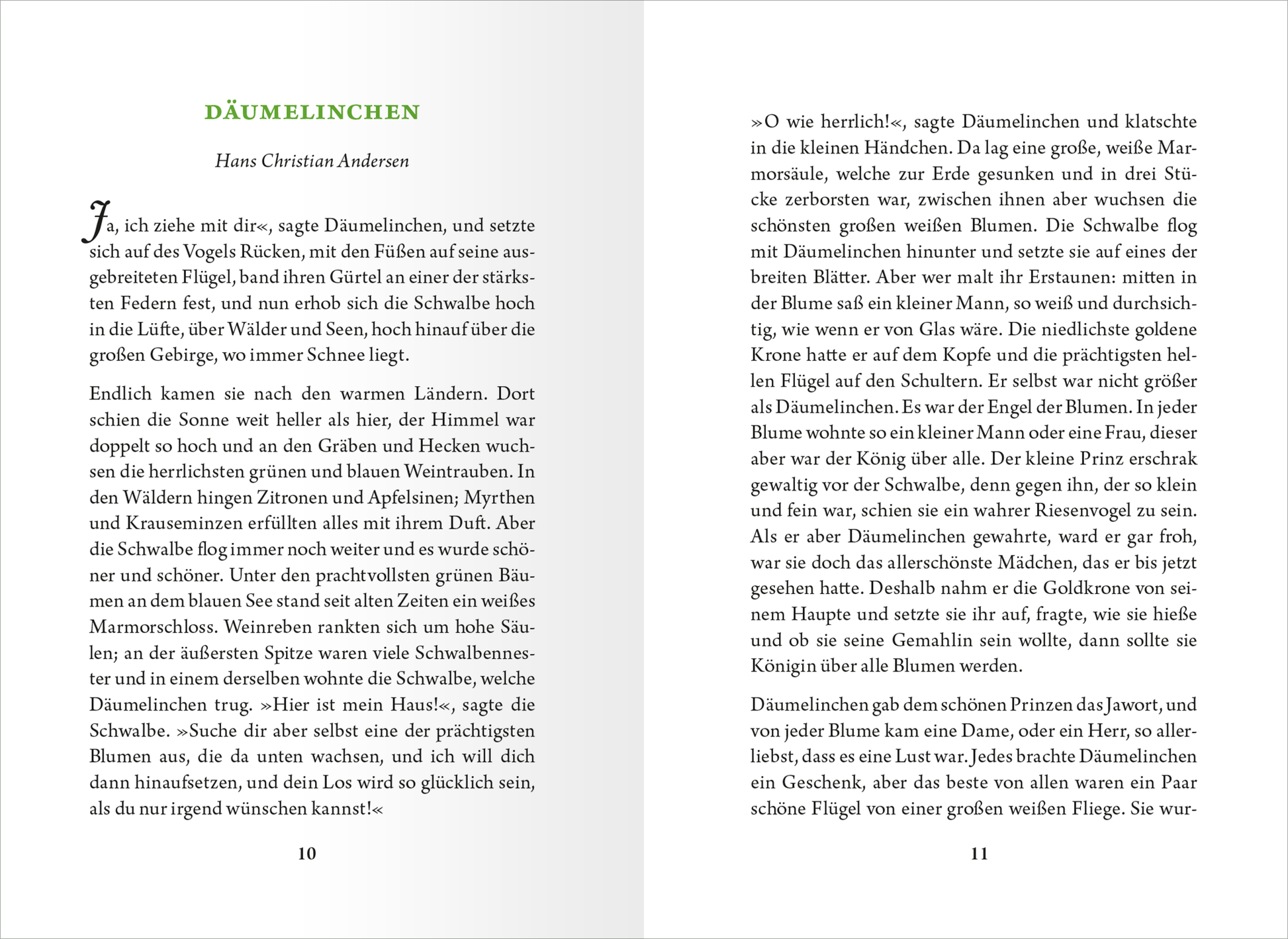 Gezeigt wird eine Innen- oder Zusatzansicht von „Die kleine Bibliothek der positiven Gefühle: Glück“. Die Seite präsentiert einen klaren, gut lesbaren Text in Schwarz auf hellem Hintergrund. Der Titel „Däumelinchen“ steht in grüner Schrift, was die thematische Frische unterstreicht. Die Typografie ist modern und freundlich, mit ausreichend Abstand zwischen den Zeilen und Absätzen. Die Seitenzahlen sind dezent platziert, was die Lesbarkeit unterstützt.