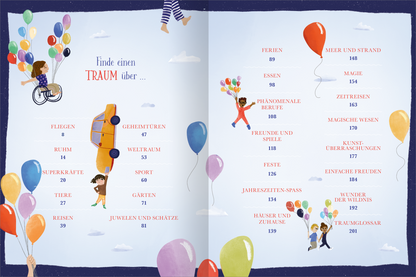 Gezeigt wird eine Innenansicht von „Ein Traum für jede Nacht“. Die Doppelseite präsentiert ein farbenfrohes Layout mit einem dunklen, himmelblauen Hintergrund. Am linken Rand ist eine Liste mit Themen wie „Fliegen“ und „Geheimtüren“ in klarer, roter Schrift eingetragen. Zahlreiche bunte Luftballons in sanften Pastellfarben schweben über den Kindern, die lebhaft dargestellt sind. Die Hyphen und Zahlen neben den Themen sind in einer gut lesbaren Typografie gehalten, was die...