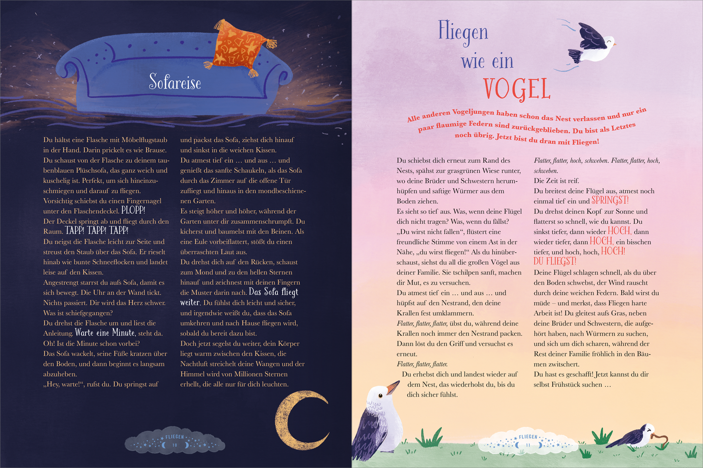 Gezeigt wird eine Innen- oder Zusatzansicht von „Ein Traum für jede Nacht“. Auf der linken Seite befindet sich die Illustration eines blauen Sofas mit einem orangefarbenen Kissen, umgeben von tiefblauem Hintergrund, der nächtliche Stimmung vermittelt. Der Text ist in Weiß gehalten und ergänzt durch dekorative Elemente wie einen Halbmond. Auf der rechten Seite ist ein sanfter Farbverlauf von Hellrosa zu Lila zu sehen, begleitet von fliegenden Vögeln, die in Schwarz und Weiß gezeichnet...