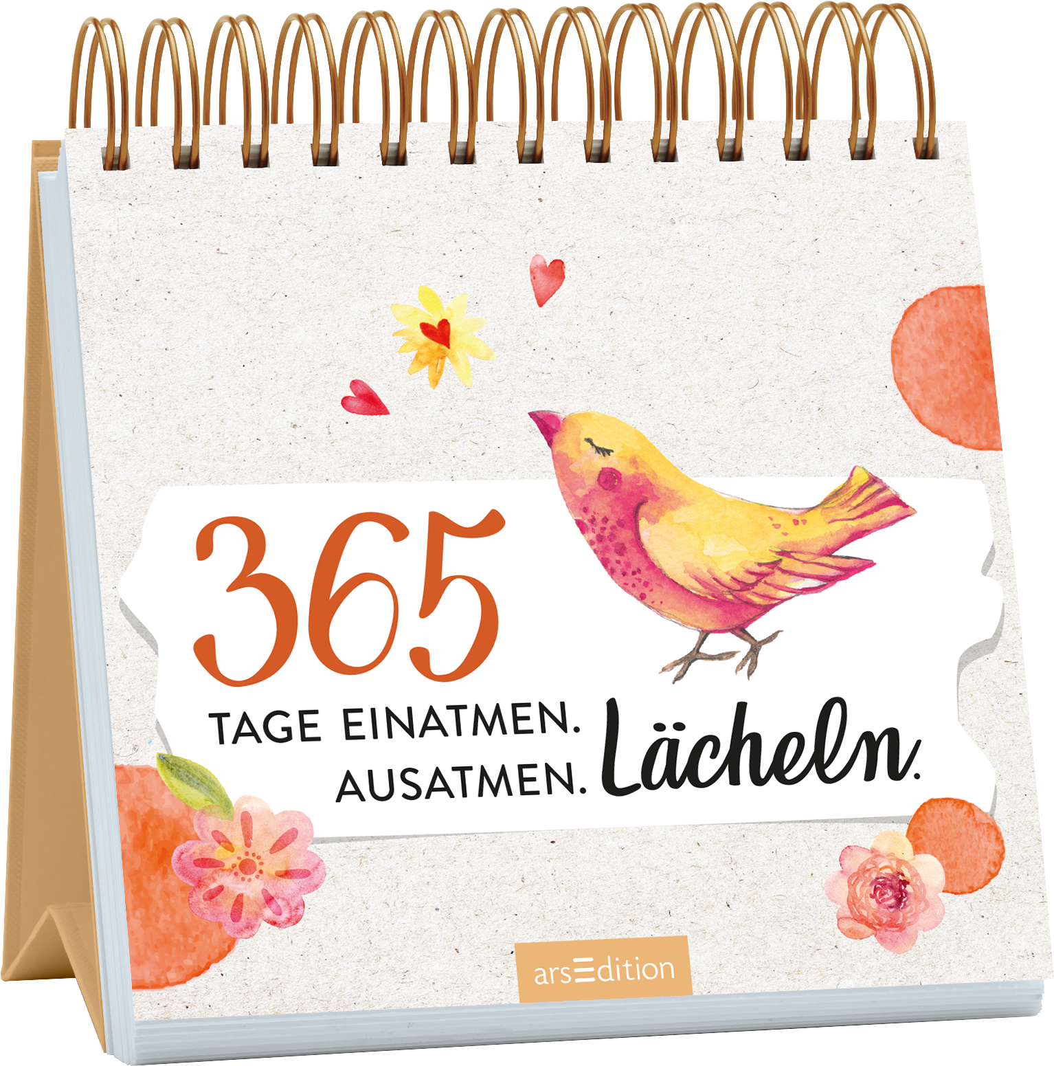Auf dem Buchcover ist ein farbenfrohes Design mit einem sanften, beige Hintergrund. In der Mitte steht der Titel „365 TAGE EINATMEN. AUSATMEN. LÄCHELN.“ in einer Kombination aus orangefarbener Blockschrift und schwarzer Schreibschrift. Ein gelbes, fröhliches Vögelchen mit pinken Akzenten ist zentral platziert, umgeben von bunten Blumen, Herzen und orangefarbenen Elementen, die eine positive und einladende Atmosphäre schaffen. Ganz unten mittig steht der Logoschriftzug von arsEdition.