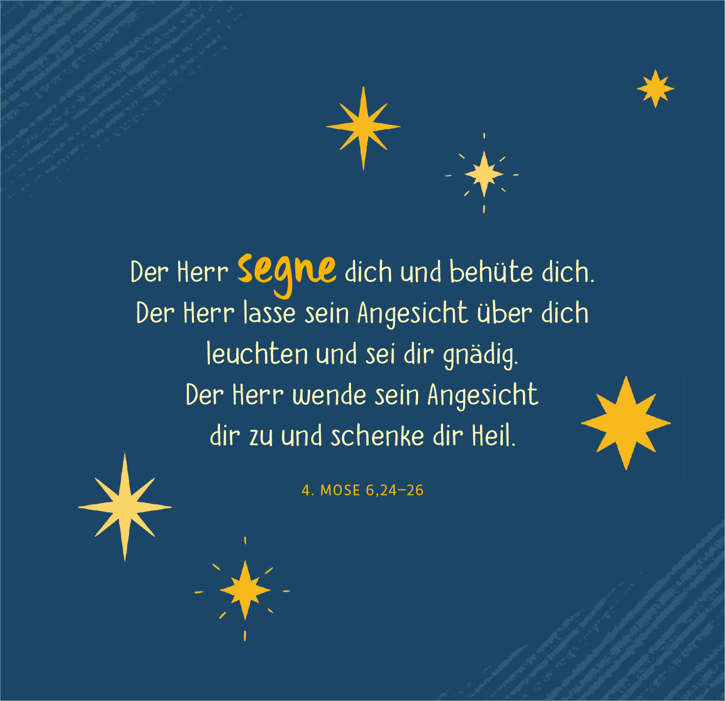 Gezeigt wird eine Innen- oder Zusatzansicht von „Segenswünsche zur Erstkommunion“. Der Hintergrund ist in einem tiefen Blau gehalten, das durch farbige Sterne in Gelb und Weiß lebhaft ergänzt wird. Der Text in geschwungener, freundlicher Schrift betont die Worte „segne“ in Gelb, während die übrigen Texte in hellem Grau erscheinen. Die Botschaft vermittelt einen schützenden und segensreichen Wunsch, wobei die Anordnung der Elemente harmonisch und einladend wirkt.