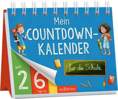 Es handelt sich bei dem Produkt um einen Aufsteller mit Spiralbildung oben. Das Cover ist hellblau und oben mittig steht in großer, weißer Schrift „Mein COUNTDOWN-KALENDER“. Etwas darunter auf einer illustrierten Schultafel steht „für die Schule“. Links und rechts vom Titel stehen ein Junge und ein Mädchen mit Schultüten und Schulranzen. Unten links zeigt ein rot-grünes Kästchen „Noch 26 Tage bis“. Ganz unten mittig steht der Logoschriftzug von arsEdition.