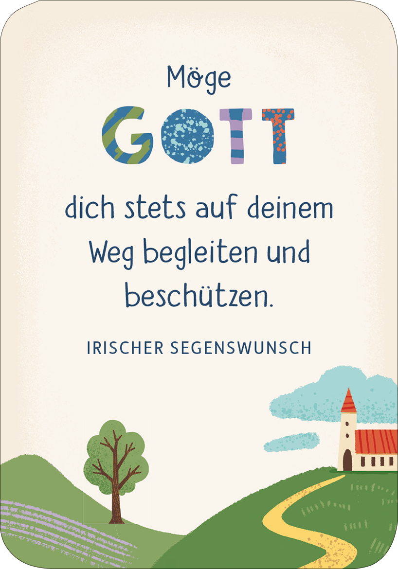Gezeigt wird eine Innen- oder Zusatzansicht von „Segenswünsche für dich“. Im Vordergrund steht der Text „Möge Gott dich stets auf deinem Weg begleiten und beschützen“ in einer modernen, handschriftlichen Schriftart. Die Farben sind sanft: Der Text ist in einer dezenten Blau- und Grautönung gehalten. Im Hintergrund sind idyllische Landschaftselemente wie grüne Hügel und eine kleine Kirche abgebildet, die eine harmonische, freundliche Atmosphäre schaffen.
