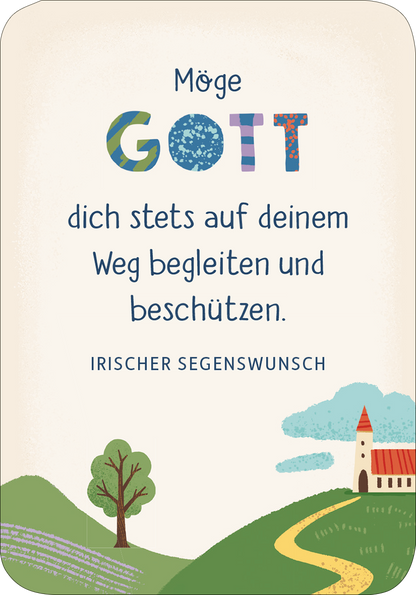 Gezeigt wird eine Innen- oder Zusatzansicht von „Segenswünsche für dich“. Im Vordergrund steht der Text „Möge Gott dich stets auf deinem Weg begleiten und beschützen“ in einer modernen, handschriftlichen Schriftart. Die Farben sind sanft: Der Text ist in einer dezenten Blau- und Grautönung gehalten. Im Hintergrund sind idyllische Landschaftselemente wie grüne Hügel und eine kleine Kirche abgebildet, die eine harmonische, freundliche Atmosphäre schaffen.