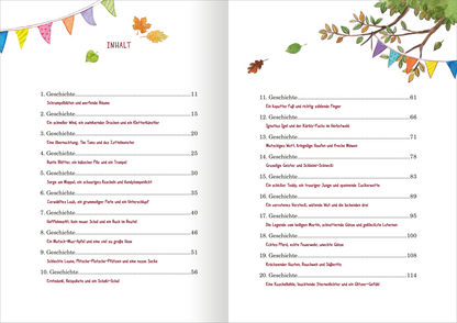 Gezeigt wird eine Innen- oder Zusatzansicht von „Herbstgeschichten aus dem Glockenhof“. Die Doppelseite präsentiert eine kolorierte Inhaltsangabe mit einem verspielten, handschriftlich wirkenden Titel. Links sind bunte, grafische Fähnchen und herbstliche Blätter zu sehen. Die Seitenzahlen und die Titel der Geschichten sind in einer klaren, gut lesbaren Serifenschrift angeordnet, während der Hintergrund schlicht und hell bleibt, um die Lesbarkeit zu fördern.