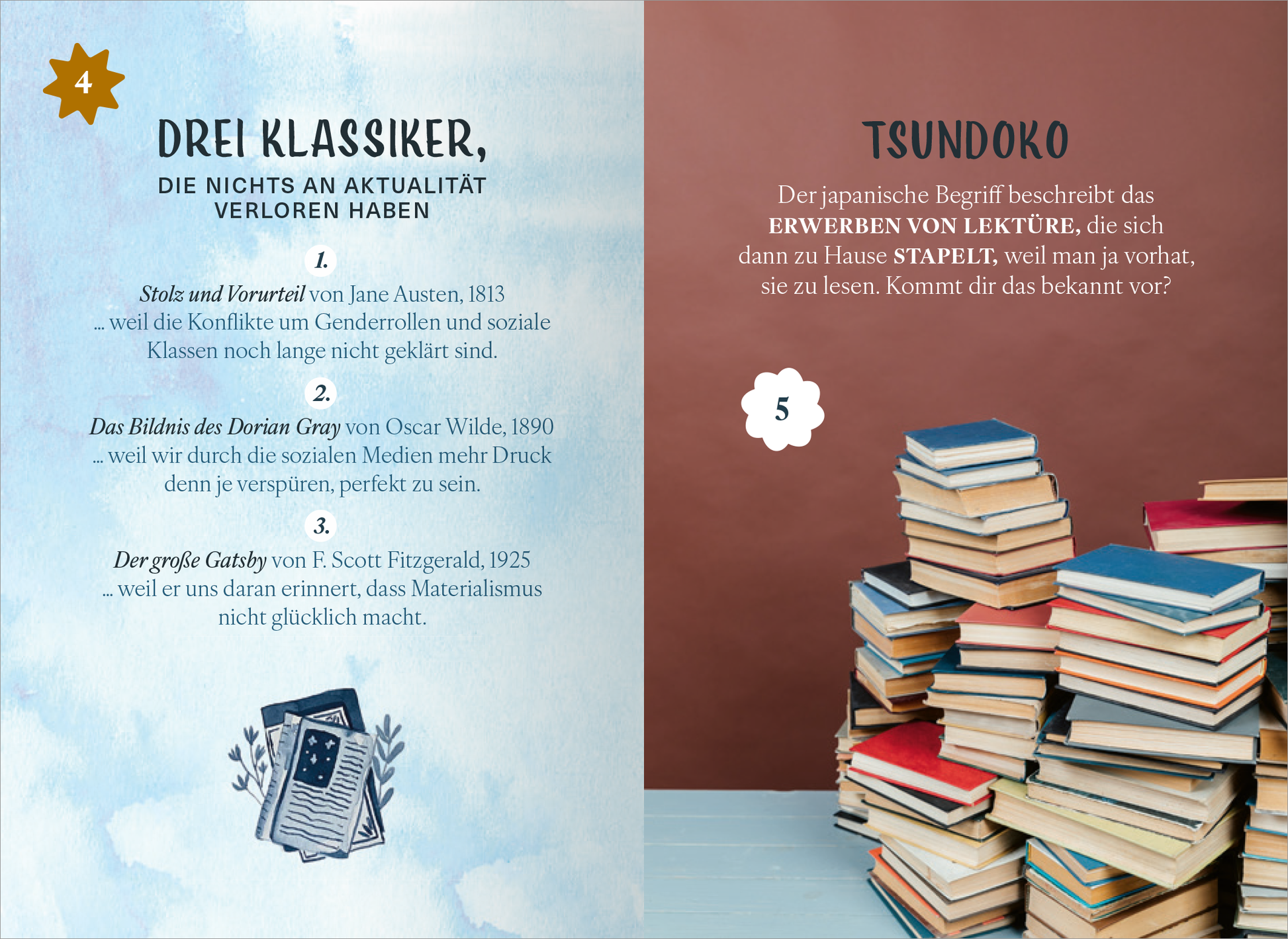 Gezeigt wird eine Innen- oder Zusatzansicht von „Booklover“. Auf der linken Seite befinden sich die Titel von drei klassischen Büchern, sowie eine illustrative Darstellung eines Buches mit einer dekorativen Umrandung in sanften, bläulichen Farben. Die Schrift ist in einer eleganten, gut lesbaren Typografie gestaltet. Auf der rechten Seite wird der Begriff „Tsundoko“ auf einer kontrastierenden, warmen Erdfarbe erklärt, umgeben von Stapeln verschiedenfarbiger Bücher. Die...