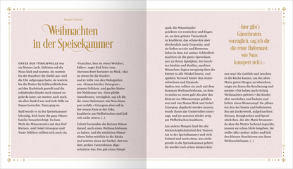Gezeigt wird eine Innen- oder Zusatzansicht von „Vanille, Zimt und Weihnachtsduft“. Die Doppelseite ist in sanften Pastellfarben gehalten, überwiegend in zartem Rosa, mit goldenen Akzenten. Die Überschrift „Weihnachten in der Speisekammer“ ist in eleganter, geschwungener Schriftart gesetzt. Der darunterliegende Text ist in klarer, gut lesbarer Schriftform verfasst und vermittelt eine warme, einladende Atmosphäre. Ornamental verzierte Elemente umrahmen die Seiten und verstärken das...