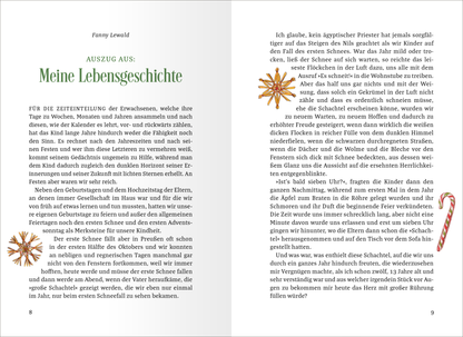 Gezeigt wird eine Innen- oder Zusatzansicht von „Die schönsten Geschichten aus dem Schnee“. Die Seite enthält einen Textauszug aus dem Werk, der in einer klaren, serifenlosen Schrift in Schwarz gedruckt ist. Der Hintergrund ist hellweiß, was die Lesbarkeit unterstützt. Links befindet sich der Titel „Meine Lebensgeschichte“ in einer größeren, grünen Schriftart, umgeben von dekorativen Elementen wie einer goldenen Schneeflocke und einer zuckerroten Zuckerstange. Der Seitenrand...