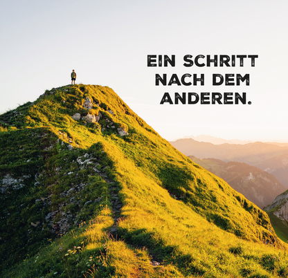 Gezeigt wird eine Innen- oder Zusatzansicht von „Auf die Plätze, glücklich, los!“. Der Hintergrund zeigt eine grüne, hügelige Landschaft unter einem hellblauen Himmel. In der oberen Bildhälfte steht in großer, fetter Schrift der Text „EIN SCHRITT NACH DEM ANDEREN“. Die klare, moderne Typografie wirkt motivierend und ansprechend. Die Farben sind lebendig und strahlen eine positive Energie aus.