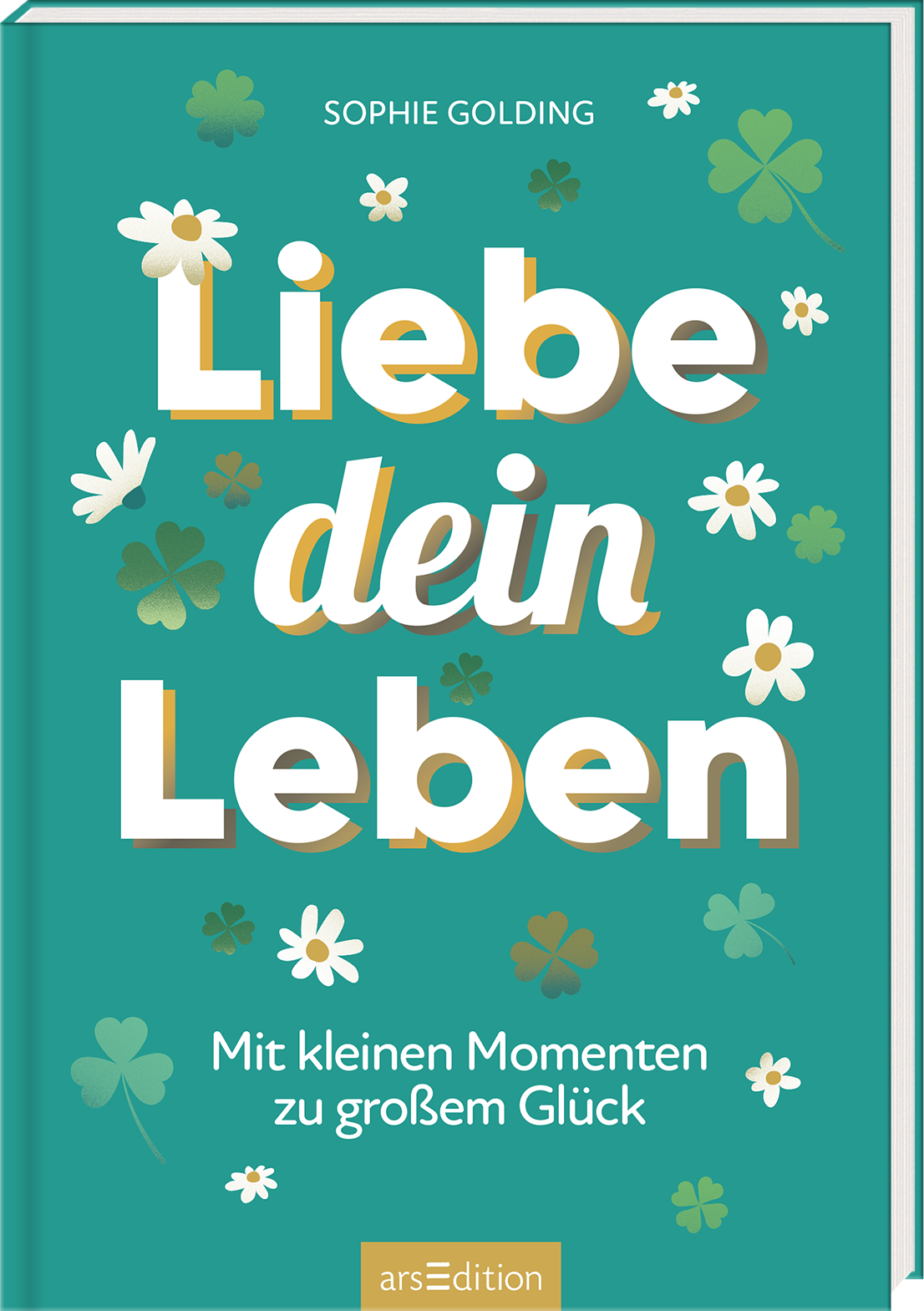 Der Buchcover-Hintergrund ist in einem sanften Türkis gehalten und wird von weißen sowie hellgrünen Blüten und Kleeblättern geschmückt, die eine fröhliche Atmosphäre schaffen. Der Titel „Liebe dein Leben“ ist in einer groben, weißen Schriftart gestaltet, wobei das Wort „Leben“ eine schattierte, hellgoldene Akzentuierung aufweist. Auffällig ist die Unterzeile „Mit kleinen Momenten zu großem Glück“ in einer eleganten Schrift, die dem Cover zusätzliche Tiefe verleiht. Ganz...