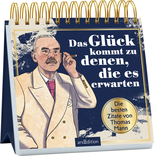 Auf dem Buchcover ist eine illustrative Darstellung eines älteren Mannes mit grauen Haaren und einem Bart, der in einem weißen Anzug gekleidet ist. Er zeigt mit einer Hand auf seine Schläfe und hält in der anderen Hand eine Zigarre. Der Hintergrund in dunklem Blau mit helleren Farbverläufen hebt den Text hervor. Der Titel „Das Glück kommt zu denen, die es erwarten“ ist in großen, weißen Buchstaben gestaltet. Unten rechts befindet sich ein goldener Button mit dem Text „Die besten...