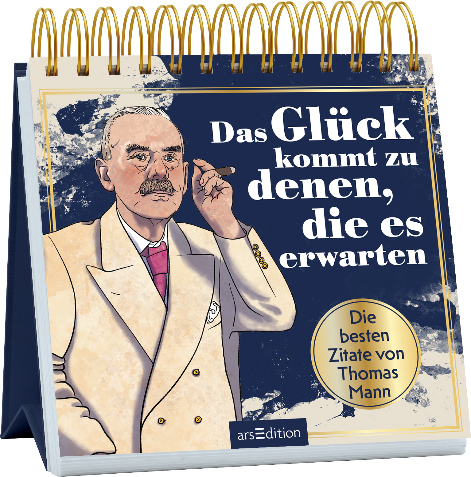 Auf dem Buchcover ist eine illustrative Darstellung eines älteren Mannes mit grauen Haaren und einem Bart, der in einem weißen Anzug gekleidet ist. Er zeigt mit einer Hand auf seine Schläfe und hält in der anderen Hand eine Zigarre. Der Hintergrund in dunklem Blau mit helleren Farbverläufen hebt den Text hervor. Der Titel „Das Glück kommt zu denen, die es erwarten“ ist in großen, weißen Buchstaben gestaltet. Unten rechts befindet sich ein goldener Button mit dem Text „Die besten...