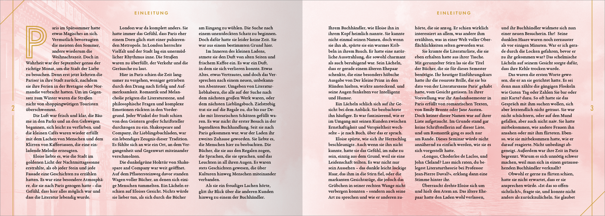Gezeigt wird eine Innenansicht von „City of Love und Desire“. Die Doppelseite präsentiert auf der linken Seite einen eingefärbten Hintergrund in zartem Rosa mit eleganter goldener Umrahmung. Der Text ist in einer klaren Schrift gehalten, wobei der erste Buchstabe hervorgehoben ist. Auf der rechten Seite wird in schlichter Schrift fortgesetzt, mit strukturierten Absätzen, die den Inhalt übersichtlich gliedern.