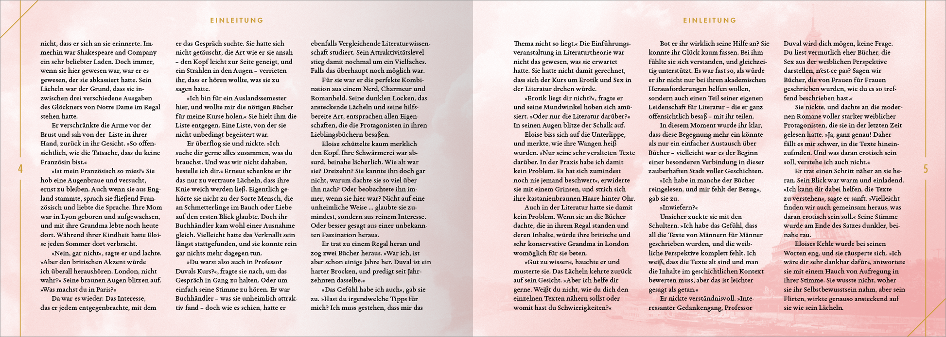 Gezeigt wird eine Innen- oder Zusatzansicht von „City of Love und Desire“. Die Anordnung der Texte auf beiden Seiten ist symmetrisch, wobei ein sanfter, pastellfarbener Hintergrund vorherrscht. Die Schrift ist gut lesbar, in eleganter Serifentypografie gehalten, und wechselt zwischen verschiedenen Schriftgrößen für Überschriften und Fließtext. Einige Passagen sind mit goldenen Linien voneinander abgegrenzt, was dem Layout einen Hauch von Eleganz verleiht.