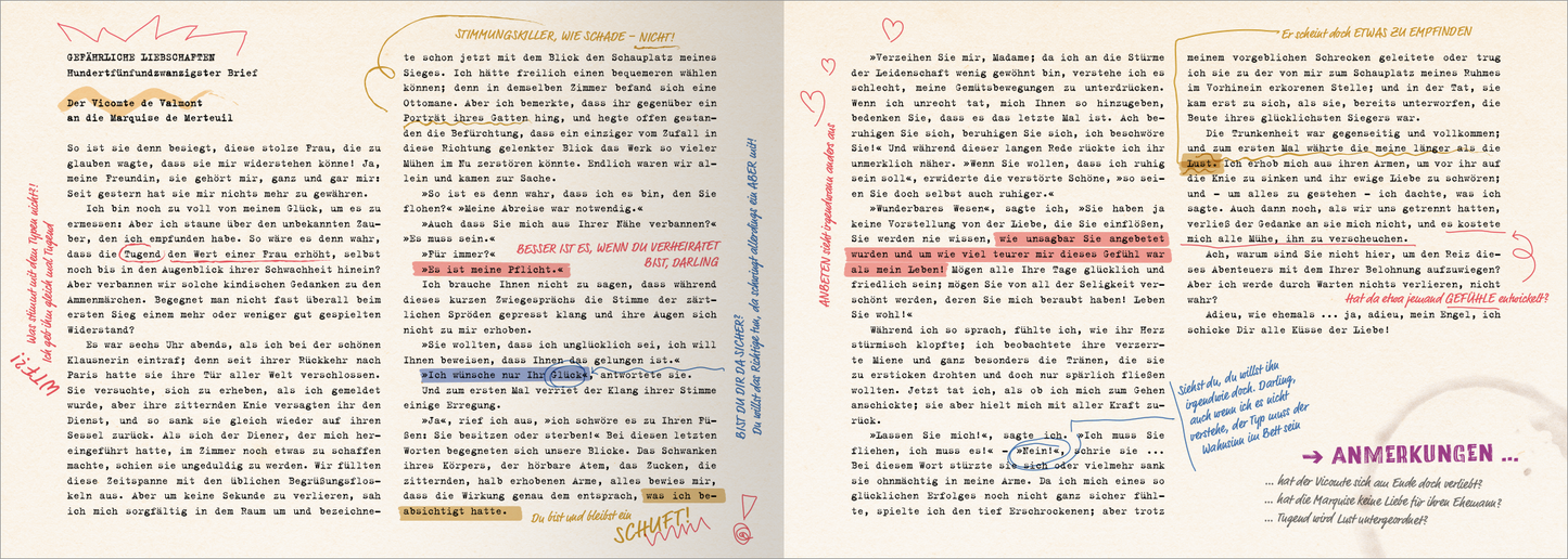Gezeigt wird eine Innen- oder Zusatzansicht von „City of Love und Desire“. Die Seiten sind sanft beige mit kontrastierenden, handschriftlichen Notizen in verschiedenen Farben wie Blau, Rot und Gelb. Die Typografie kombiniert klassische Serifenschriften mit künstlerischen, geschwungenen Schriftzügen. Wichtige Textstellen sind hervorgehoben, und es sind dekorative Elemente wie Herzen und Pfeile eingearbeitet, die die informelle und kreative Atmosphäre des Buches unterstreichen.