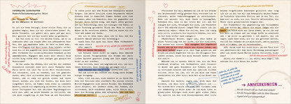 Gezeigt wird eine Innen- oder Zusatzansicht von „City of Love und Desire“. Die Seiten sind sanft beige mit kontrastierenden, handschriftlichen Notizen in verschiedenen Farben wie Blau, Rot und Gelb. Die Typografie kombiniert klassische Serifenschriften mit künstlerischen, geschwungenen Schriftzügen. Wichtige Textstellen sind hervorgehoben, und es sind dekorative Elemente wie Herzen und Pfeile eingearbeitet, die die informelle und kreative Atmosphäre des Buches unterstreichen.