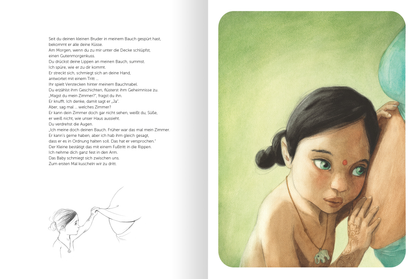 Gezeigt wird eine Innenansicht von „Geschenk-Schuber MAMA und PAPA“. Die Seite zeigt auf der rechten Seite eine Illustration eines Mädchens, das den Kopf an den Bau seiner schwangeren Mutter legt. Auf der linken Seite befindet sich der Text.