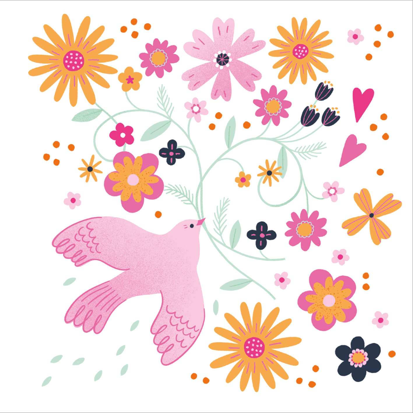 Gezeigt wird eine Innen- oder Zusatzansicht von „I Love to Sparkle – Flower-Power“. Die Illustration zeigt eine farbenfrohe Komposition mit verschiedenen Blumen in Gelb, Lila, Pink und Orange. Ein stilisierter, rosa Vogel fliegt über ein schwungvolles, florales Muster. Die Typografie ist verspielt und harmoniert mit den sanften, geschwungenen Linien der Pflanzen. Kleine Herzen und Punkte ergänzen das lebhafte Design und verleihen der Darstellung eine fröhliche, einladende Atmosphäre.