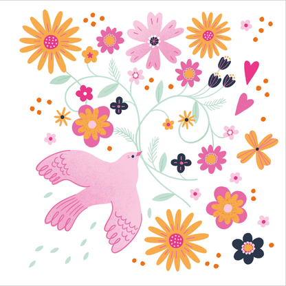 Gezeigt wird eine Innen- oder Zusatzansicht von „I Love to Sparkle – Flower-Power“. Die Illustration zeigt eine farbenfrohe Komposition mit verschiedenen Blumen in Gelb, Lila, Pink und Orange. Ein stilisierter, rosa Vogel fliegt über ein schwungvolles, florales Muster. Die Typografie ist verspielt und harmoniert mit den sanften, geschwungenen Linien der Pflanzen. Kleine Herzen und Punkte ergänzen das lebhafte Design und verleihen der Darstellung eine fröhliche, einladende Atmosphäre.