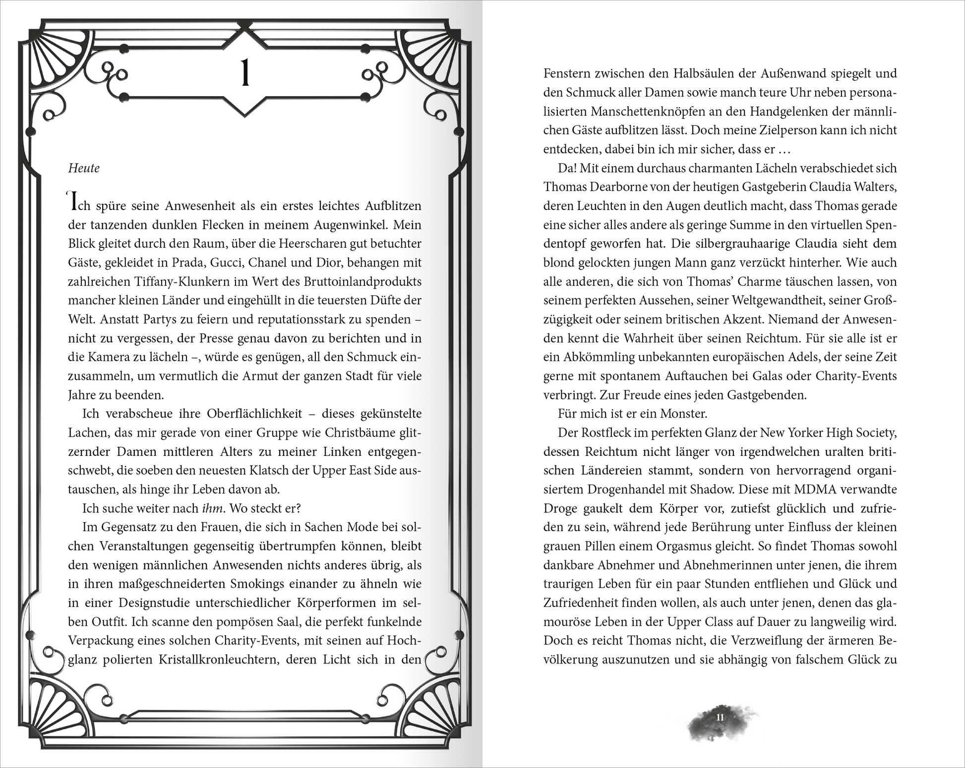 Gezeigt wird eine Innenansicht von „My Darkest Revenge“. Die Seite zeigt eine elegante Typografie in einem klassischen Stil, mit einer großzügigen Verwendung von Weißraum. Oben steht das Kapitel „1“ in großer, geschwungener Schrift, eingerahmt von dekorativen Elementen in Schwarz. Der Text ist in einer gut lesbaren Serifenschrift formatiert, unterteilt durch Absätze, die die Lesbarkeit fördern. Die Seite enthält subtile Verzierungen, die dem Layout eine stilvolle Note verleihen.