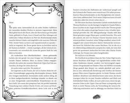 Gezeigt wird eine Innenansicht von „My Darkest Revenge“. Die Seite zeigt eine elegante Typografie in einem klassischen Stil, mit einer großzügigen Verwendung von Weißraum. Oben steht das Kapitel „1“ in großer, geschwungener Schrift, eingerahmt von dekorativen Elementen in Schwarz. Der Text ist in einer gut lesbaren Serifenschrift formatiert, unterteilt durch Absätze, die die Lesbarkeit fördern. Die Seite enthält subtile Verzierungen, die dem Layout eine stilvolle Note verleihen.