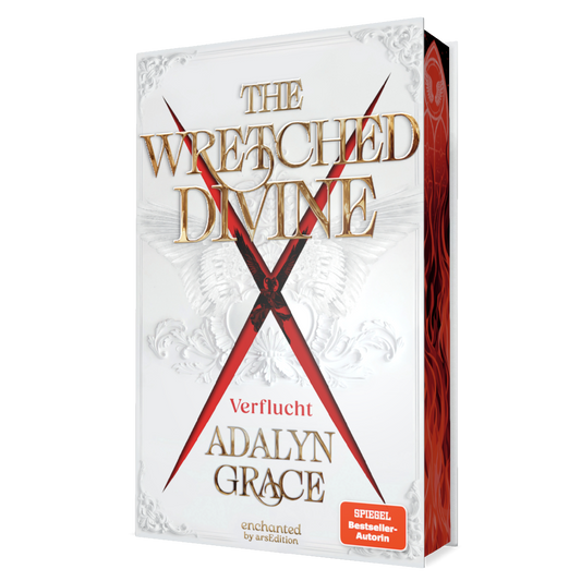 Weißes Cover mit reliefartigen Ornamenten und angedeuteten Engelsflügeln, mittig ein großes rotes X. Titel „THE WRETCHED DIVINE“ in goldener Serifenschrift, darunter rot der Zusatz „Verflucht“ und der Autorenname „ADALYN GRACE“ ebenfalls in Gold. Goldene, prunkvolle Typografie kontrastiert mit dunkler, dramatischer Stimmung. Unten rechts ein oranger Button mit der Aufschrift „SPIEGEL Bestseller-Autorin“. Ganz unten mittig steht der Logoschriftzug von arsEdition.