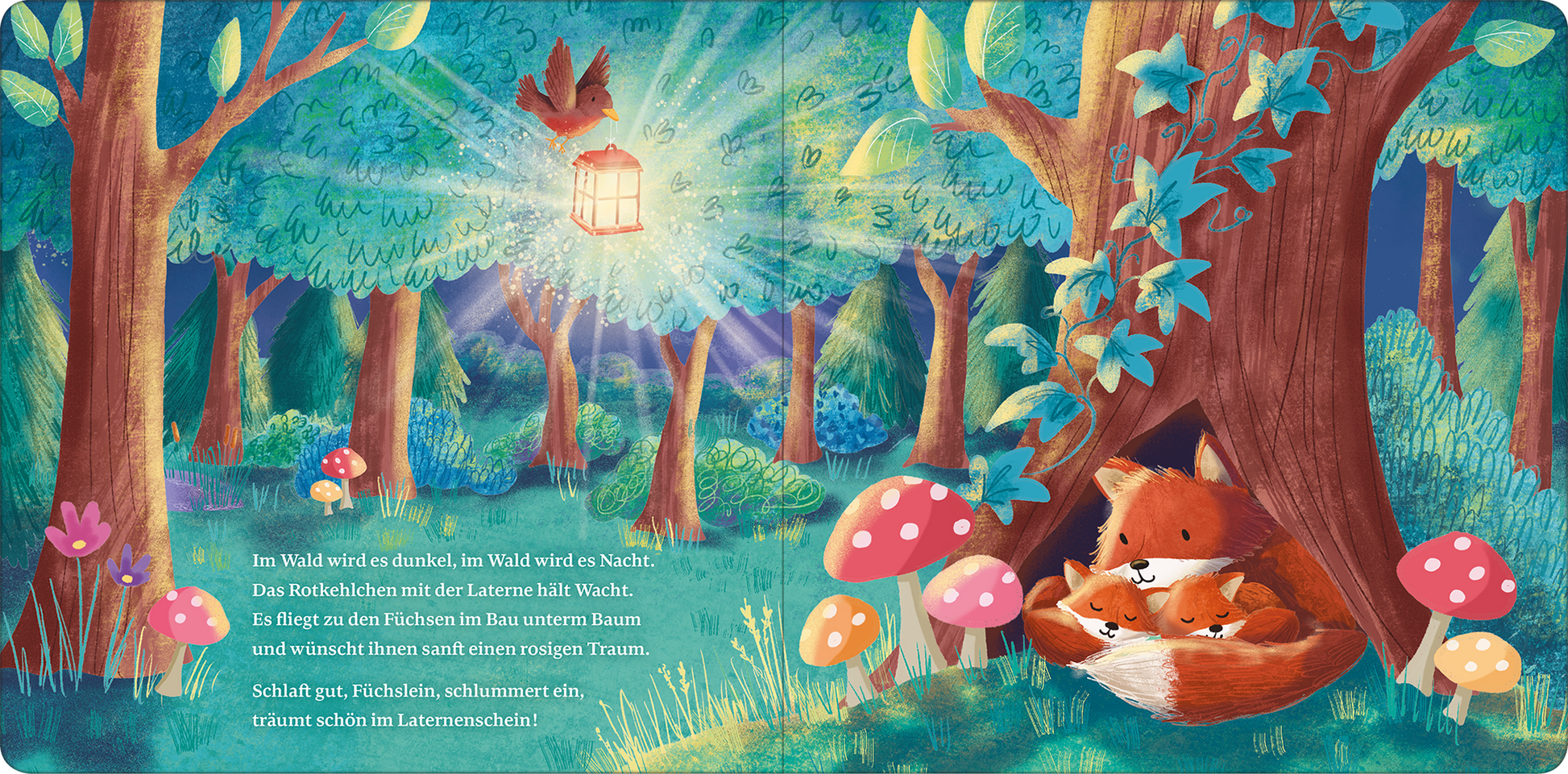 Gezeigt wird eine Innen- oder Zusatzansicht von „Ich schenk dir ein Licht! Schlaf, Kindlein, schlaf“. Die Illustration zeigt einen dunklen Wald, in dem ein warmes Licht aus einer Laterne strahlt. Bäume in verschiedenen Grüntönen umgeben die Szene. Auf dem Boden wachsen bunte Pilze, und im Vordergrund liegt ein kleiner Fuchs eng an eine weitere Kreatur gekuschelt. Die Schrift ist spielerisch gestaltet und in sanften Farben gehalten. Die gesamte Stimmung vermittelt Geborgenheit und den...