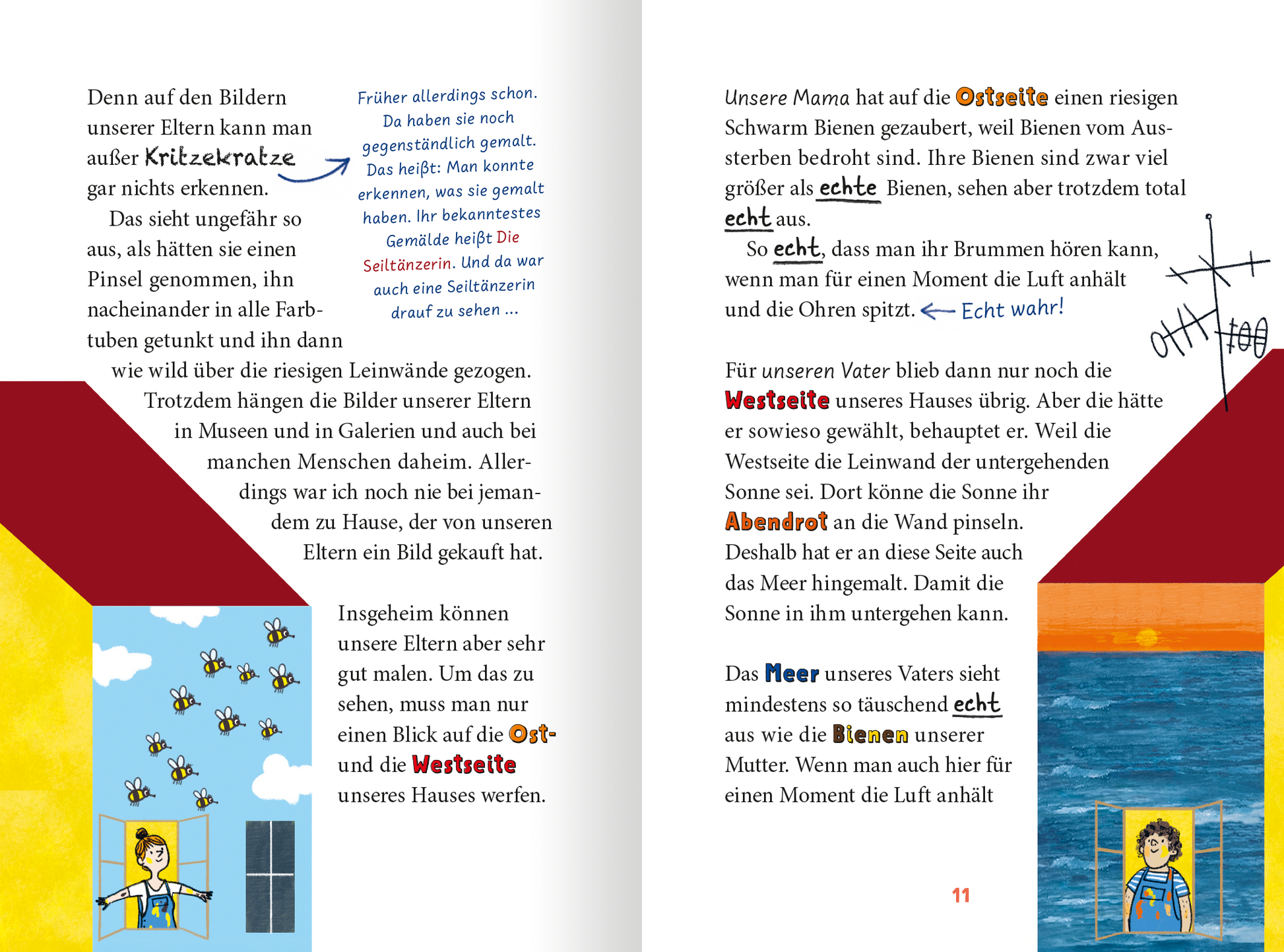 Gezeigt wird eine Innen- oder Zusatzansicht von „Juni von der Farbe und ein Sommer voller Superpläne“. Die Doppelseite enthält helle Farben, darunter ein kräftiges Rot, Gelb und Blau. Auf der linken Seite ist eine künstlerisch illustrierte Szene mit einem Fenster und bunten Wänden, während rechts eine Szene mit Bienen und der Sonne zu sehen ist. Die Typografie variiert, mit handschriftlichen und klaren Schriftarten, die den kindlichen, kreativen Charakter des Buches unterstreichen.