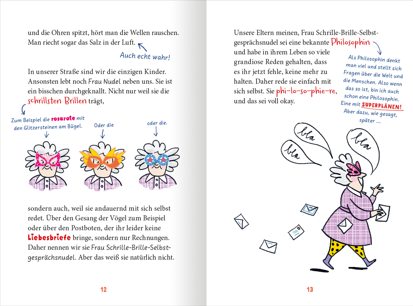 Gezeigt wird eine Innen- oder Zusatzansicht von „Juni von der Farbe und ein Sommer voller Superpläne“. Auf der linken Seite ist ein bunter, handillustrierter Text mit verspielten Schriftarten zu sehen, der über Kinder und ihre Erlebnisse spricht. Die Seite enthält fröhliche Illustrationen, darunter Kinder mit auffälligen Brillen. Rechts befindet sich eine zweite Illustration einer Frau, umgeben von Briefen und Gedankenblasen in lebhaften Farben. Die Typografie ist kindgerecht und...