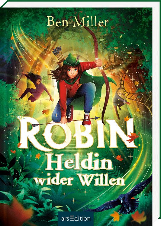 Auf dem Buchcover sieht man eine junge Heldin mit einem grünen Hut, die dynamisch mit einem Bogen in der Hand agiert. Ihr rotes Oberteil steht in starkem Kontrast zu den sanften Grüntönen des Waldes im Hintergrund, der mit leuchtenden Blättern und verwunschenen Elementen versehen ist. Im Fokus steht der Titel „ROBIN“ in großen, weißen Buchstaben, gefolgt von „Heldin wider Willen“ in einer kleineren Schrift. Die lebendige, abenteuerliche Atmosphäre wird durch die weichen...