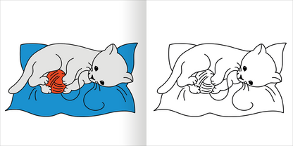 Gezeigt wird eine Innen- oder Zusatzansicht von „Mein erstes dickes Malbuch ab 2 – Tierkinder“. Die Abbildung zeigt eine graue Katze, die auf einem blauen Kissen liegt und mit einem roten Wollknäuel spielt. Der Hintergrund ist schlicht gehalten. Links ist die Illustration farbig und einladend, während rechts eine skizzierte Version ohne Farbe präsentiert wird, die zum Ausmalen einlädt. Der Text ist in einer klaren, gut lesbaren Typografie gestaltet.