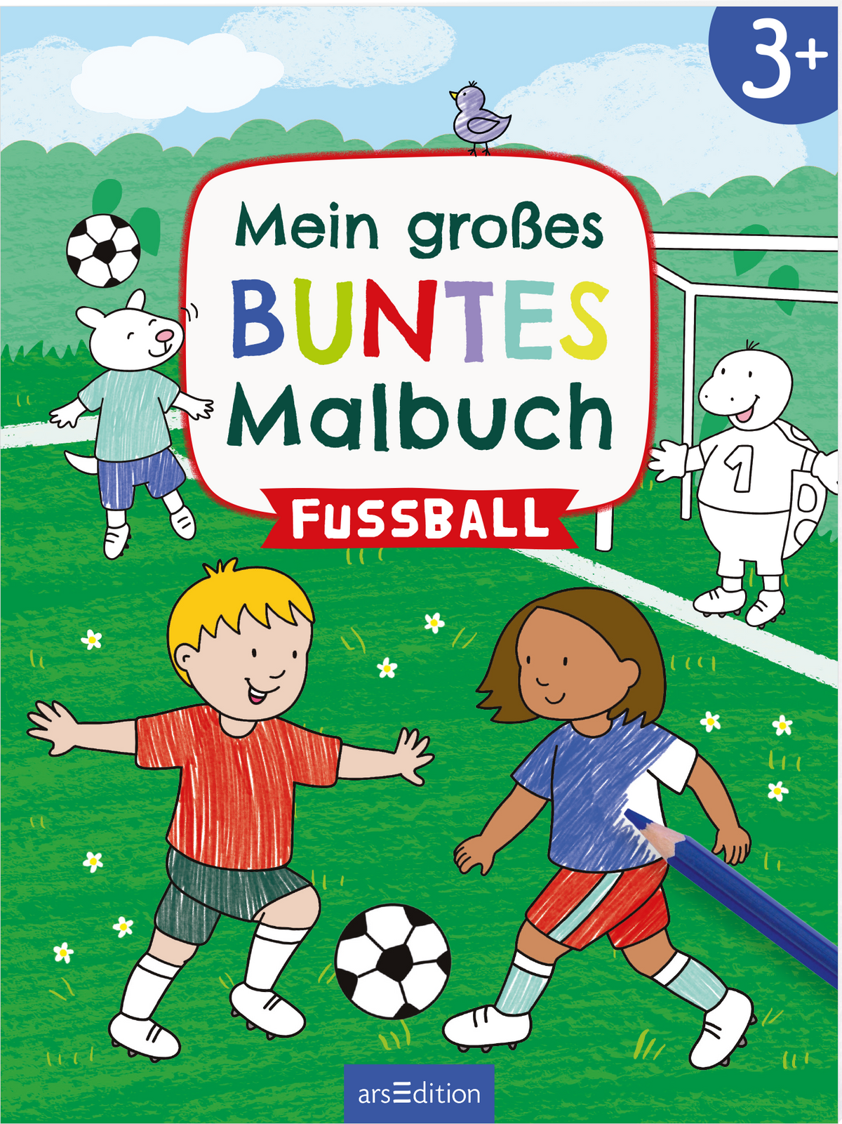 Das Buchcover zeigt eine lebendige Szene auf einem Fußballfeld, in der zwei Kinder mit einem Fußball spielend dargestellt sind. Das Mädchen trägt ein blaues T-Shirt, der Junge ein rotes. Um sie herum sind verschiedene cartoonartige Tiere zu sehen, darunter ein Hase und eine Schildkröte, die ebenfalls am Spiel teilnehmen. Der Titel „Mein großes BUNTES Malbuch FUSSBALL“ hebt sich mit bunten Buchstaben vor einem weißen Hintergrund ab. Oben rechts ist die Altersangabe „3+“ zu sehen,...
