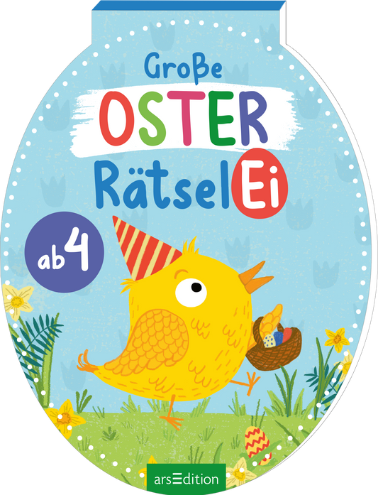 Das Buchcover zeigt einen bunten, ovalen Hintergrund in einem hellen Blau. In der oberen Hälfte steht groß und farbenfroh der Titel „Große OSTER RätselEi“. Ein gelbes, fröhliches Küken mit einer roten Partyhut und einem Korb voll Ostereier ist zentral platziert. Auf der linken Seite befinden sich frühlingshafte Blumen. In einem blauen Kreis ist der Hinweis „ab 4“ zu sehen. Ganz unten mittig steht der Logoschriftzug von arsEdition.