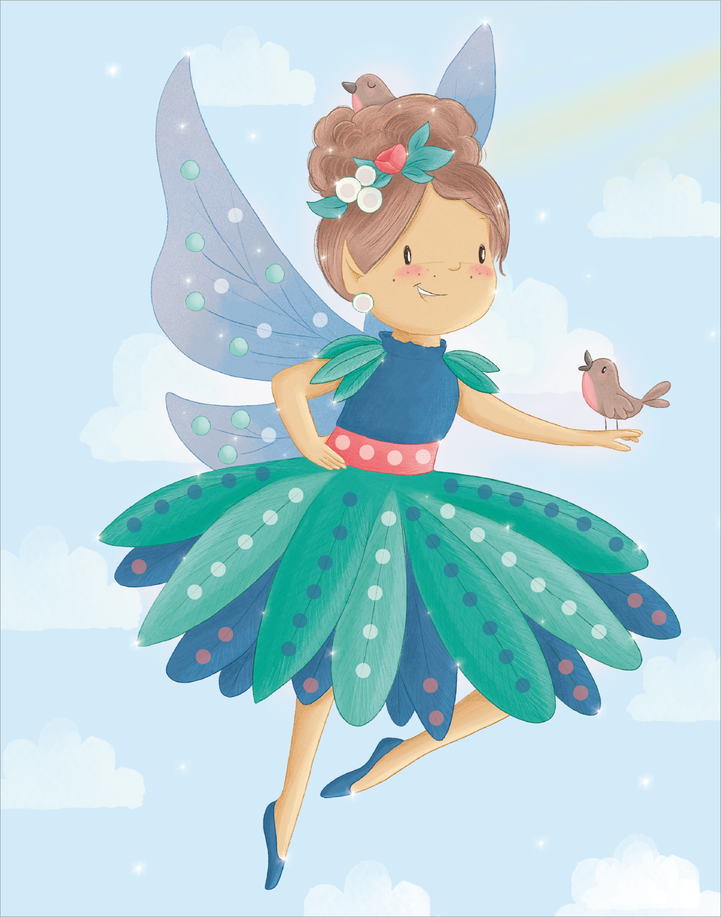 Gezeigt wird eine Innen- oder Zusatzansicht von „Diamantsticker Anziehpuppen – Frühlingsfeen“. Die Illustration zeigt eine fröhliche Fee mit braunem Haar und einem bunten Winden aus Blumen. Ihr Oberteil ist blau, während der Rock aus grünen Blütenblättern mit blauen und lilafarbenen Punkten besteht. Die Fee hat durchsichtige, glitzernde Flügel und hält einen kleinen Vogel in der Hand. Der Hintergrund ist hellblau mit Wolken, was eine frühlingshafte Atmosphäre vermittelt.