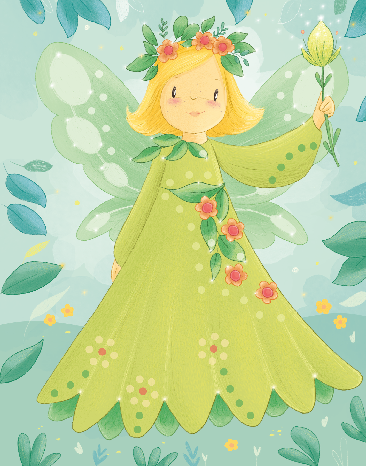 Gezeigt wird eine Innen- oder Zusatzansicht von „Diamantsticker Anziehpuppen – Frühlingsfeen“. Die Illustration zeigt eine fröhliche Frühlingsfee mit blonden Haaren und einer grünen, blumengeschmückten Robe. Ihre Flügel sind transparent und schimmern in sanften Grüntönen. Der Hintergrund ist hellblau mit verschiedenen grünen Blättern und zarten floralen Elementen. Die Schriftart ist verspielt und gut lesbar, harmonisch auf das Gesamtbild abgestimmt.