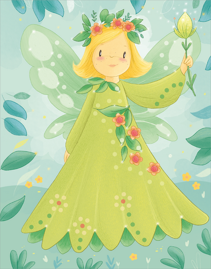 Gezeigt wird eine Innen- oder Zusatzansicht von „Diamantsticker Anziehpuppen – Frühlingsfeen“. Die Illustration zeigt eine fröhliche Frühlingsfee mit blonden Haaren und einer grünen, blumengeschmückten Robe. Ihre Flügel sind transparent und schimmern in sanften Grüntönen. Der Hintergrund ist hellblau mit verschiedenen grünen Blättern und zarten floralen Elementen. Die Schriftart ist verspielt und gut lesbar, harmonisch auf das Gesamtbild abgestimmt.