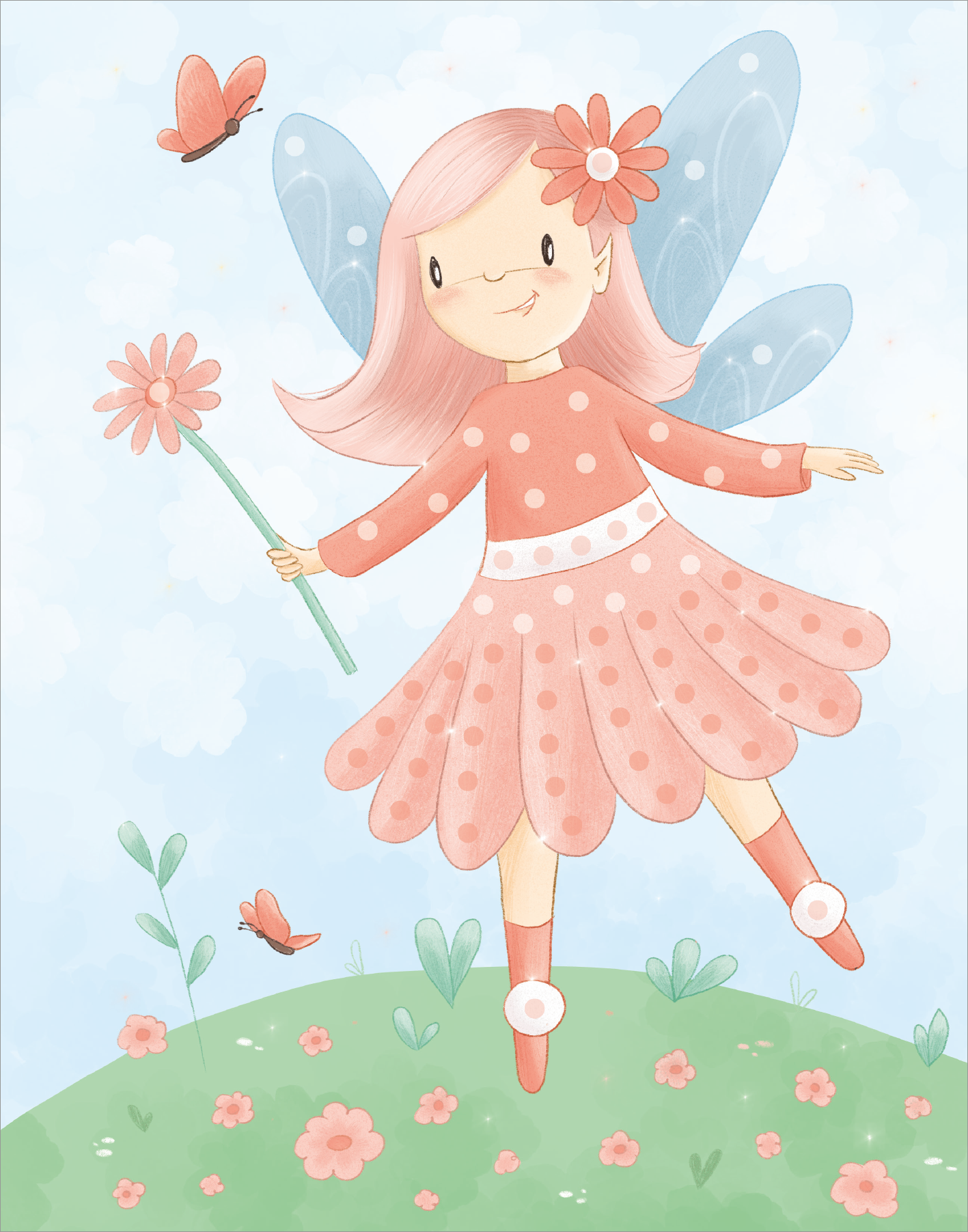 Gezeigt wird eine Innen- oder Zusatzansicht von „Diamantsticker Anziehpuppen – Frühlingsfeen“. Das Bild präsentiert ein fröhliches Feenmädchen mit langen, rosa Haaren und durchsichtigen blauen Flügeln. Es trägt ein gepunktetes, rosa Kleid und hält eine Blume in der Hand. Umgeben von bunten Blumen und Schmetterlingen, strahlt die Szene eine verspielte und frühlingshafte Atmosphäre aus. Die sanften Farben und die klare, freundliche Typografie verleihen dem Gesamtbild einen...