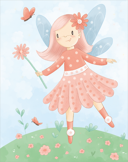 Gezeigt wird eine Innen- oder Zusatzansicht von „Diamantsticker Anziehpuppen – Frühlingsfeen“. Das Bild präsentiert ein fröhliches Feenmädchen mit langen, rosa Haaren und durchsichtigen blauen Flügeln. Es trägt ein gepunktetes, rosa Kleid und hält eine Blume in der Hand. Umgeben von bunten Blumen und Schmetterlingen, strahlt die Szene eine verspielte und frühlingshafte Atmosphäre aus. Die sanften Farben und die klare, freundliche Typografie verleihen dem Gesamtbild einen...