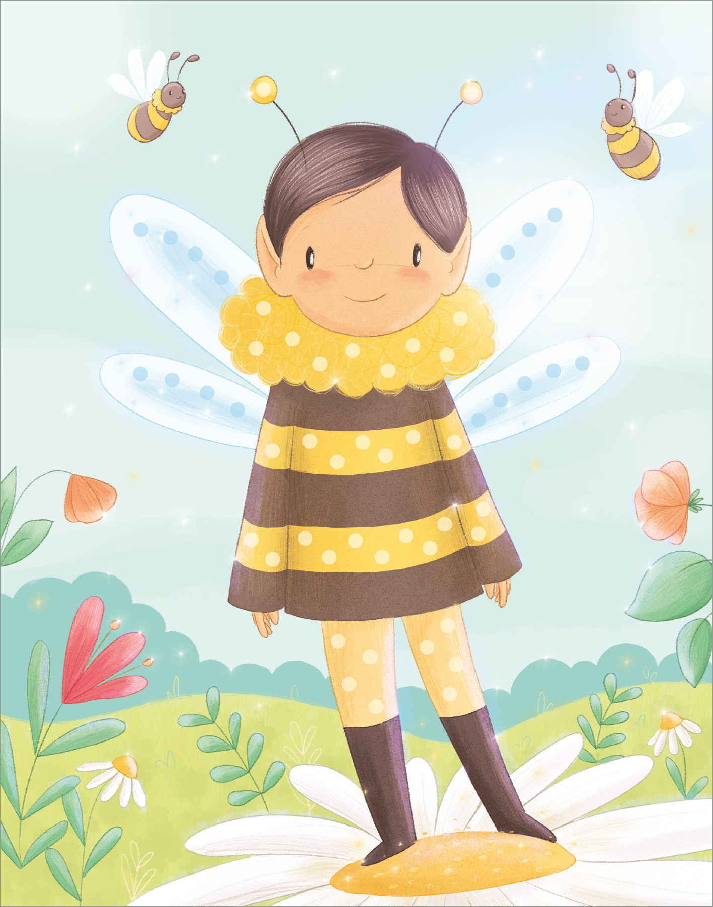 Gezeigt wird eine Innen- oder Zusatzansicht von „Diamantsticker Anziehpuppen – Frühlingsfeen“. Die Illustration zeigt ein bezauberndes Kind als Biene, mit gelb-schwarzen Streifen und einem flauschigen gelben Kragen. Die Figur hat dunkelbraune Haare und eine freundliche Miene. Im Hintergrund sind zarte Blumen und grüne Wiesen unter einem hellblauen Himmel mit summenden Bienen zu sehen. Die kräftigen Farben verleihen der Szene Frische und Lebendigkeit.