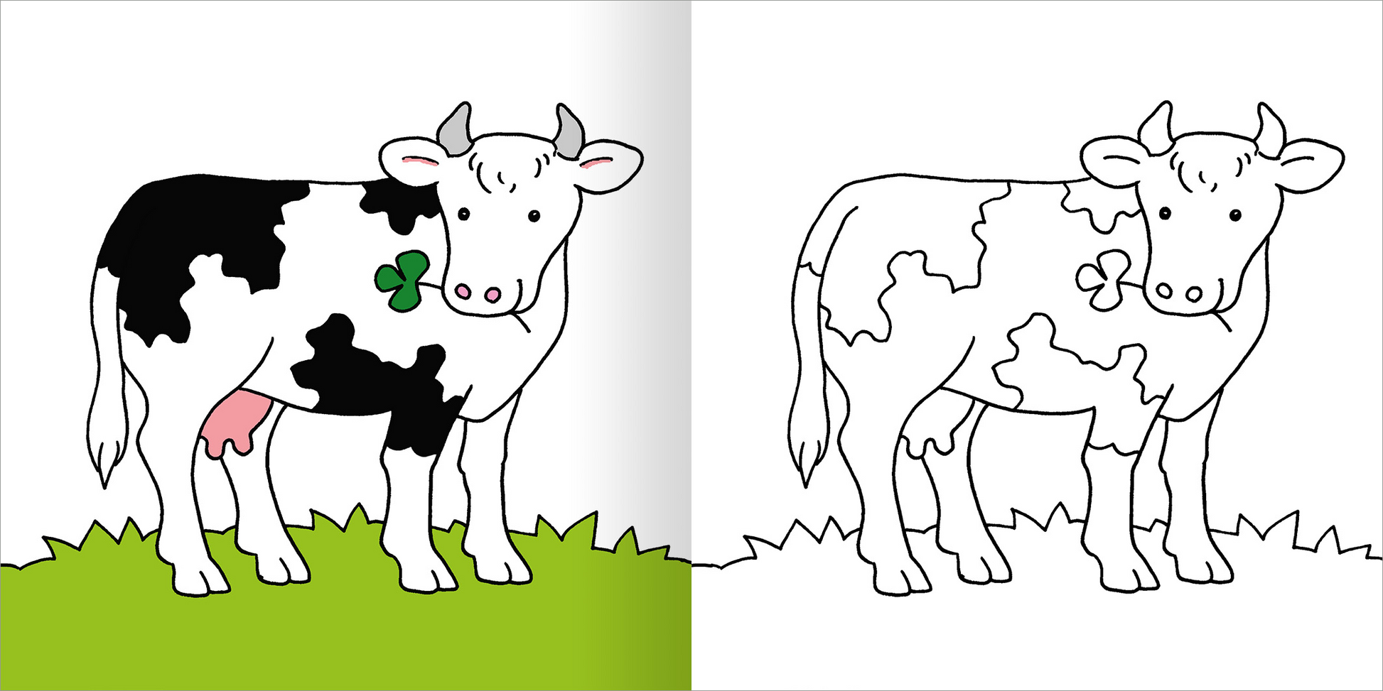Gezeigt wird eine Innen- oder Zusatzansicht von „Mein erstes dickes Malbuch ab 2 – Frühling“. Die Abbildung zeigt eine fröhliche Kuh auf einer grünen Wiese. Die Kuh hat ein schwarz-weißes Fell mit einer grünen Kleeblatt-Applikation auf der linken Flanke. Auf der linken Seite ist die Kuh farbig ausgeführt, während sie auf der rechten Seite nur als Umriss in Schwarz-Weiß zu sehen ist, ideal zum Ausmalen. Die einfache, kindgerechte Typografie ergänzt die verspielte Gestaltung.