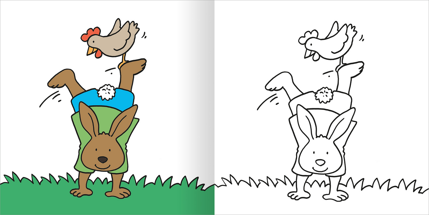 Gezeigt wird eine Innen- oder Zusatzansicht von „Mein erstes dickes Malbuch ab 2 – Frühling“. Die Abbildung zeigt einen humorvollen Hasen, der auf seinen Vorderbeinen steht, mit einem Huhn auf dem Rücken. Die Farben sind lebhaft und fröhlich, mit einem grünen Hintergrund und kräftigen Akzenten in Blau und Gelb. Die klare, kindgerechte Typografie auf der linken Seite sorgt für ein einladendes und spielerisches Erlebnis, während die rechte Seite als Umrisszeichnung zum Ausmalen...