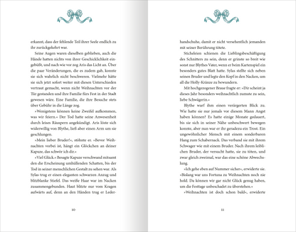 Gezeigt wird eine Innen- oder Zusatzansicht von „Holly – Eine Belladonna-Novelle“. Die Doppelseite präsentiert einen klaren, gut lesbaren Text in einer eleganten Serifenschrift. Der Hintergrund ist in sanften Weißtönen gehalten, während die Seitenränder mit einem zarten, floralen Ornament in einem sanften Türkis dekoriert sind. Die Seitenzahlen sind am unteren Rand platziert. Der gesamte Layoutstil strahlt eine angenehme Lesbarkeit und ansprechende Ästhetik aus.