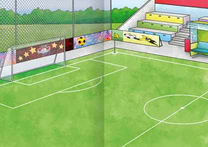 Gezeigt wird eine Innen- oder Zusatzansicht von „Das Metallic-Stickerbuch – Fußball“. Die Illustration zeigt ein Fußballfeld mit einem Tor und bunten Wänden, die mit verschiedenen Fußballmotiven dekoriert sind. Die Farben sind lebhaft, dominieren grün für das Spielfeld und verschiedene helle Farbtöne für die Umgebung. Die Sitzbänke sind in Gelb, Rot und Blau gehalten, während das Netz des Tores schwarz-weiß ist. Die Typografie ist kindgerecht und verspielt gestaltet.