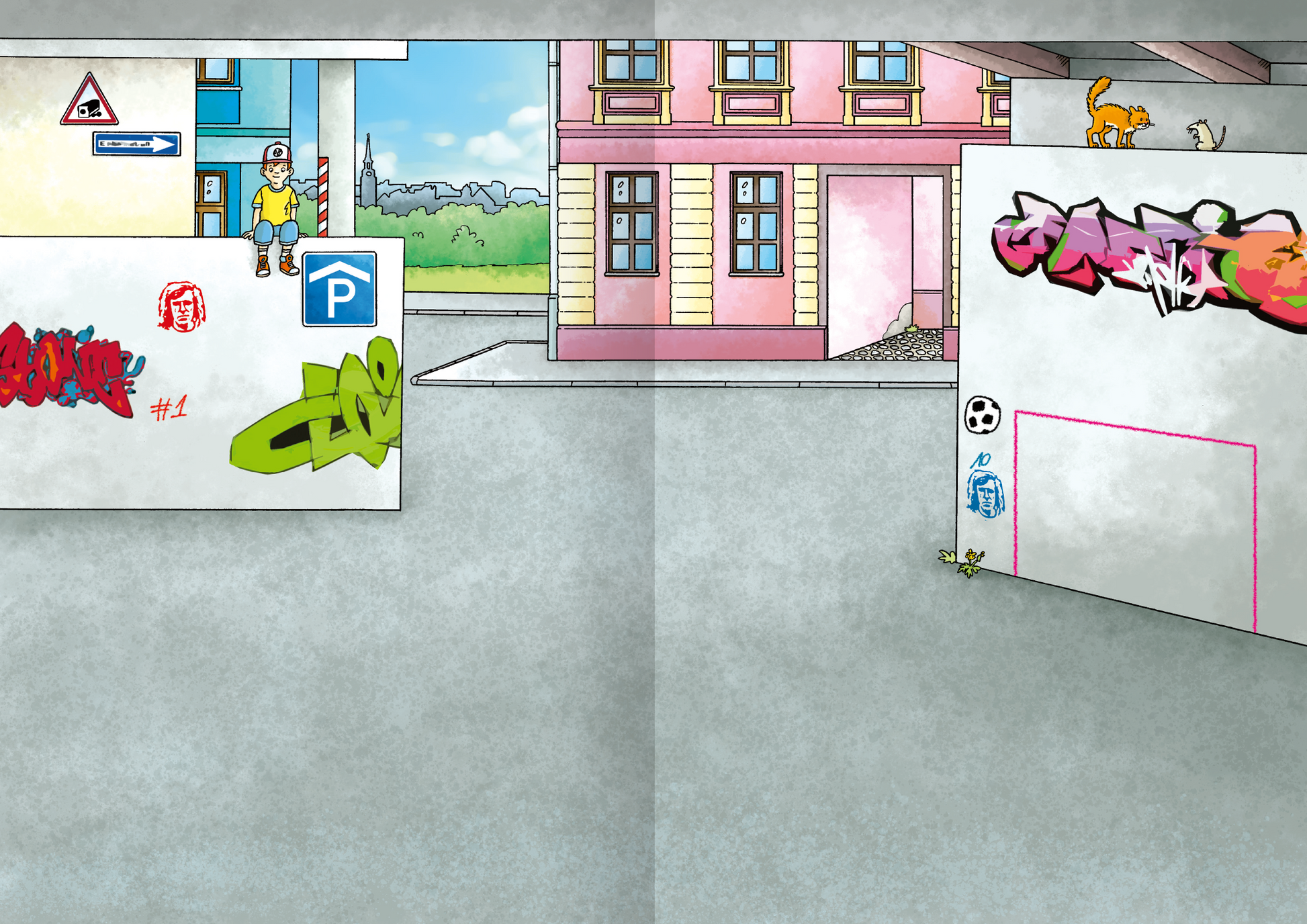 Gezeigt wird eine Innen- oder Zusatzansicht von „Das Metallic-Stickerbuch – Fußball“. Die Illustration zeigt eine lebendige Stadtansicht mit bunten Häusern in Pink- und Gelbtönen. Graffiti in kräftigen Farben wie Grün und Rot ziert die Wände. Im Vordergrund steht ein Junge an einem Parkplatz-Schild. Über den grauen Boden verteilt sind tierische Elemente wie eine Katze und ein Hund. Der Himmel ist blau mit einigen Wolken, was eine freundliche Atmosphäre schafft.