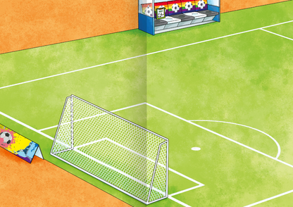 Gezeigt wird eine Innen- oder Zusatzansicht von „Das Metallic-Stickerbuch – Fußball“. Die Illustration zeigt ein Fußballfeld mit hellgrünem Rasen und einem weißen Tor. Im Hintergrund sind farbenfrohe Sitzgelegenheiten und ein bunt gestalteter Seitenbanner mit Fußballmotiven sichtbar. Die Farben sind lebhaft und spielerisch. Die Typografie ist einfach und kindgerecht, möglicherweise in einer verspielten Schriftart gestaltet, um die Begeisterung für Fußball zu vermitteln.