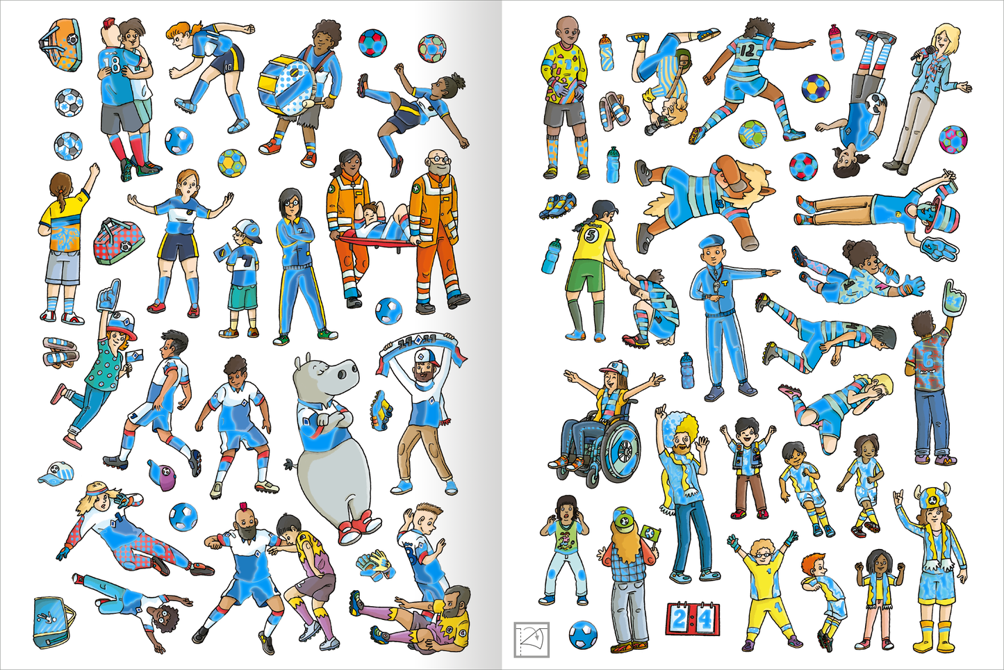 Gezeigt wird eine Innen- oder Zusatzansicht von „Das Metallic-Stickerbuch – Fußball“. Die Illustrationen zeigen eine bunte Ansammlung von Fußballspielern, Schiedsrichtern und Fans in unterschiedlichen Posen. Die Farben sind lebhaft und vielfältig, vor allem Blau, Gelb und Grün dominieren. Die Typografie ist verspielt und klar, um die sportliche Atmosphäre zu unterstreichen. Zusatzfiguren, wie ein Tier und Personen in Rollstühlen, fördern Diversität und Inklusion.