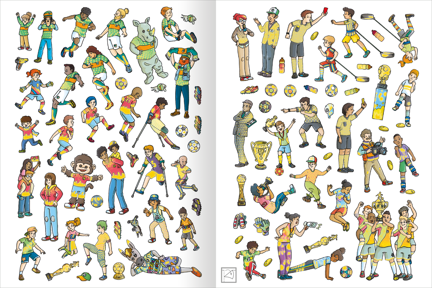 Gezeigt wird eine Innen- oder Zusatzansicht von „Das Metallic-Stickerbuch – Fußball“. Die Seite ist bunt und zeigt viele charakteristische Figuren in verschiedenen Posen, die Fußball spielen oder jubeln. Die Personen tragen überwiegend sportliche Kleidung in leuchtenden Farben wie Grün, Blau und Gelb. Es sind auch viele Fußballutensilien wie Bälle und Pokale abgebildet. Die Illustrationen sind in einem freundlichen, cartoonhaften Stil gehalten und bieten eine fröhliche, dynamische...