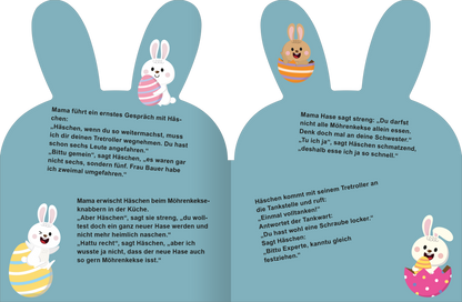 Gezeigt wird eine Innen- oder Zusatzansicht von „Häschen-Witze“. Auf der linken Seite sind zwei lustige Häschen in bunten Mustern abgebildet, eines in einem gestreiften Ei, das andere auf einem Tretroller. Der Hintergrund ist in sanften Blau- und Grüntönen gehalten. Auf der rechten Seite sind witzige, geflügelte Dialoge in klarer, gut lesbarer Schrift in dunkler Farbe. Die freundliche Typografie ergänzt die fröhliche Atmosphäre des Buches.