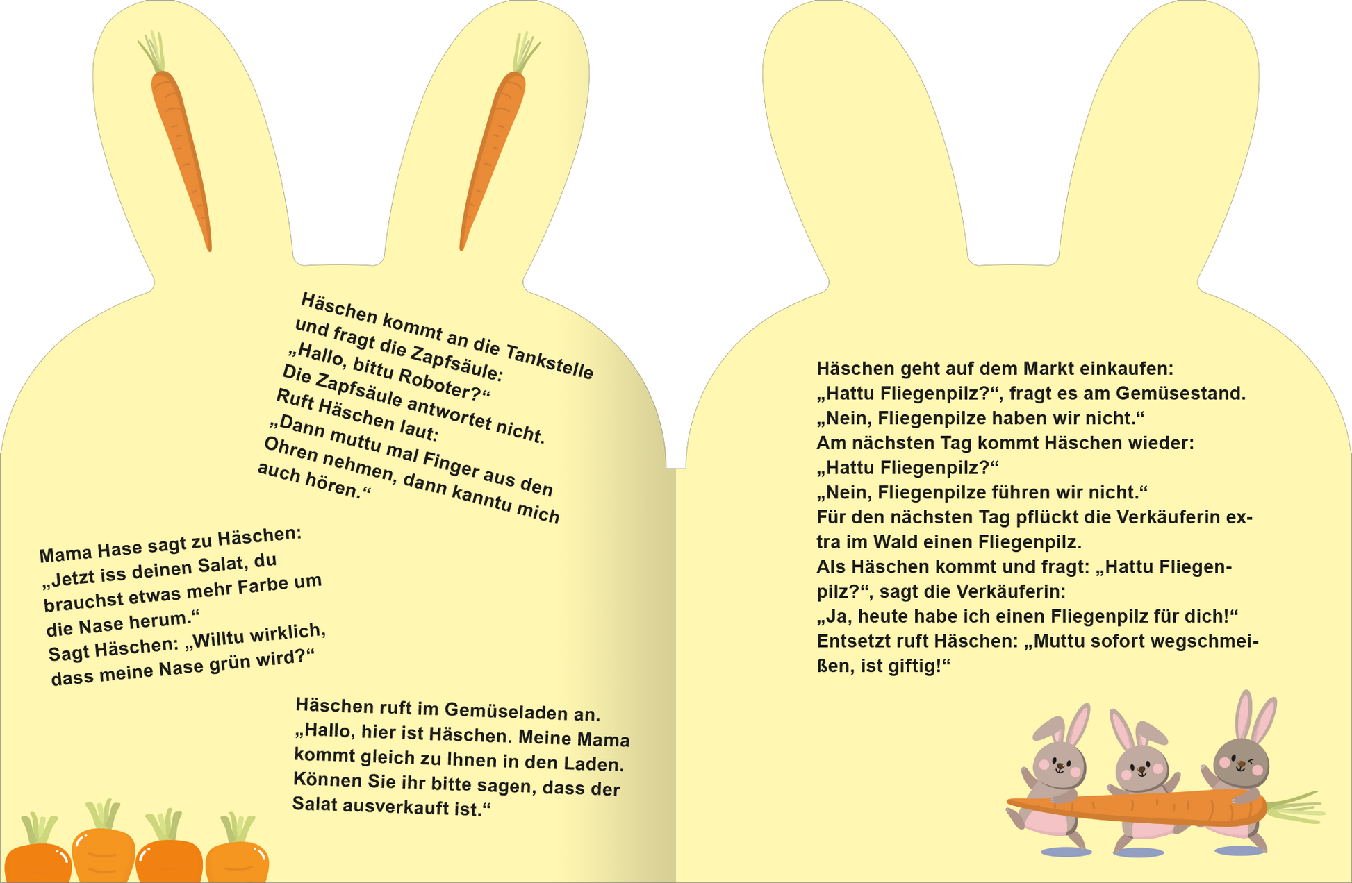 Gezeigt wird eine Innen- oder Zusatzansicht von „Häschen-Witze“. Die Seite zeigt eine hellgelbe Hintergrundfarbe und das Design ist in Form von Hasenohren gestaltet. Auf der linken Seite sind humorvolle Textausschnitte in schwarzer Schrift abgedruckt. Die Typografie ist kindgerecht und leicht lesbar. Zudem sind bunte Karotten und drei Hasen auf einem Wagen am unteren Rand abgebildet, die den verspielten Charakter des Buches unterstreichen.