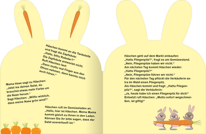 Gezeigt wird eine Innen- oder Zusatzansicht von „Häschen-Witze“. Die Seite zeigt eine hellgelbe Hintergrundfarbe und das Design ist in Form von Hasenohren gestaltet. Auf der linken Seite sind humorvolle Textausschnitte in schwarzer Schrift abgedruckt. Die Typografie ist kindgerecht und leicht lesbar. Zudem sind bunte Karotten und drei Hasen auf einem Wagen am unteren Rand abgebildet, die den verspielten Charakter des Buches unterstreichen.